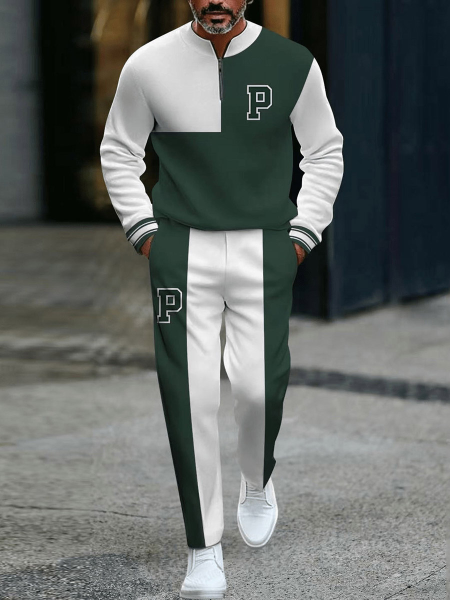Conjunto de dos piezas casual Green & White Color Matching Geometric estampado Round-Neck Zipper de manga larga sudadera & Trousers para hombre