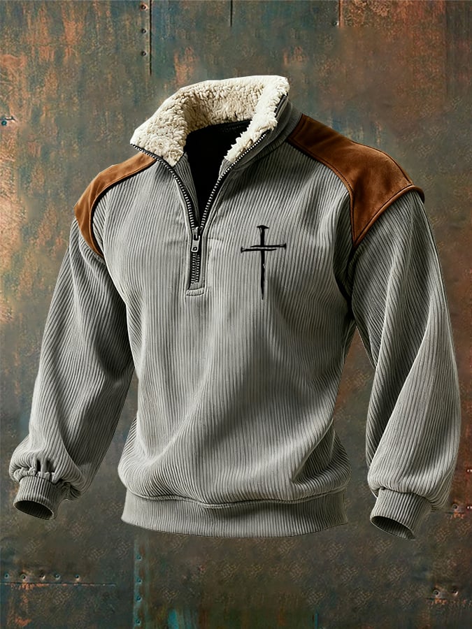 Sudadera retro Faith Cross estampado cierre Fur cuello de manga larga para hombre