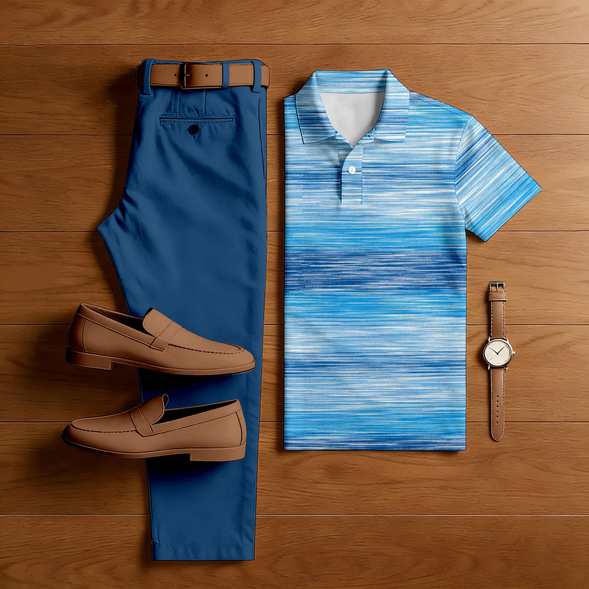 Conjunto de dos piezas casual Blue Color Matching Gradient estampado de manga corta camisa polo & Trousers para hombre