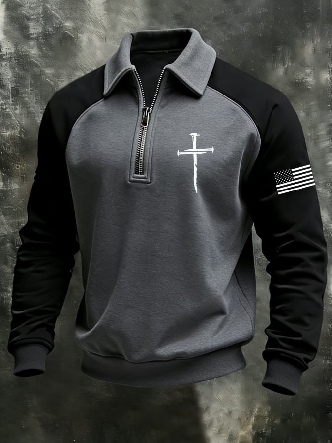 para hombre Faith-Themed Cross Zipper casual Raglan Sleeve Top-Fast Shipping