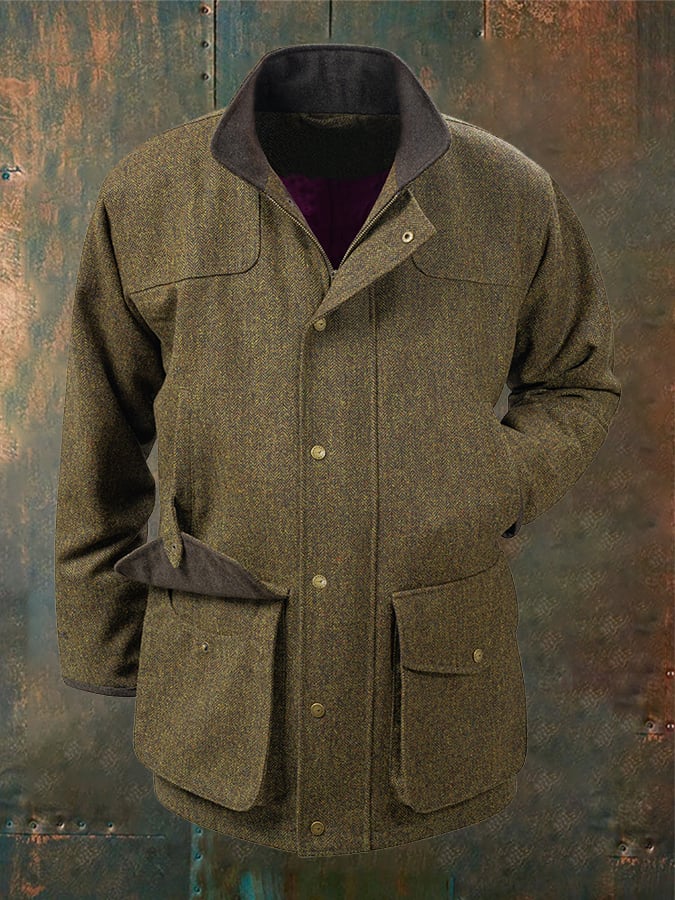 Chaqueta Western vintage para exterior Hunting Zip Button Herringbone casual para hombre