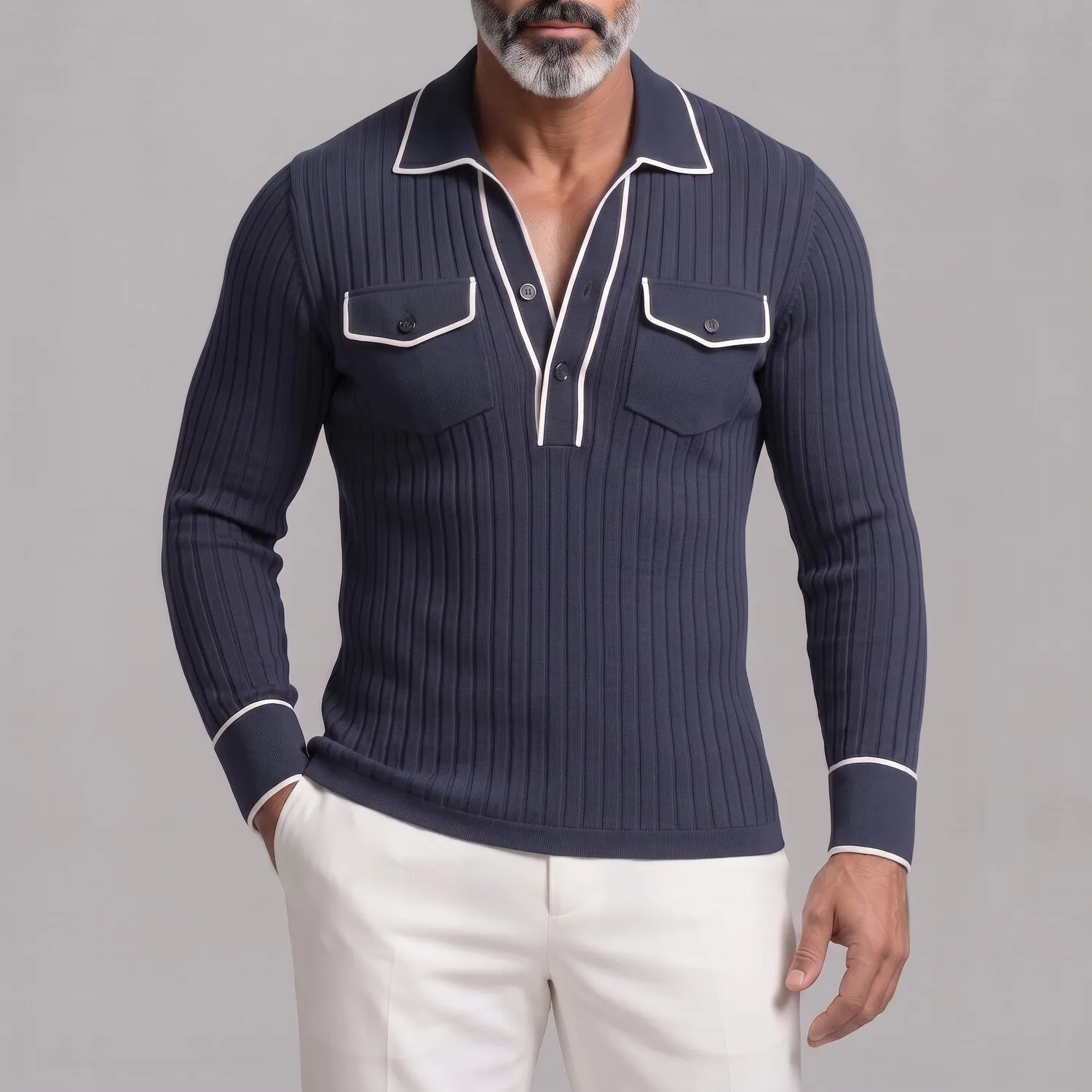 para hombre Ribbed tejido Contrast Piping Chest Pockets de corte entallado de manga larga camisa polo