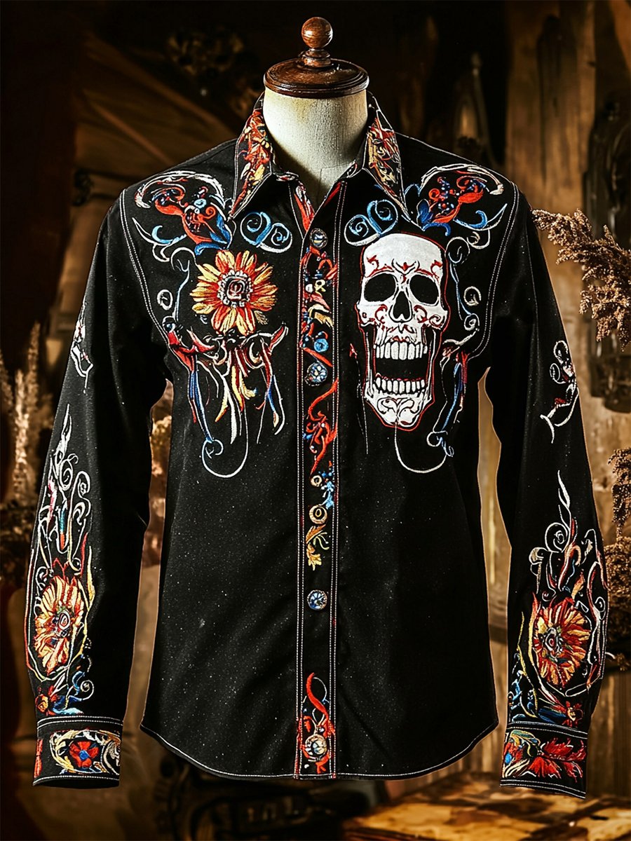 Camisa retro casual Skull estampado de manga larga para hombre