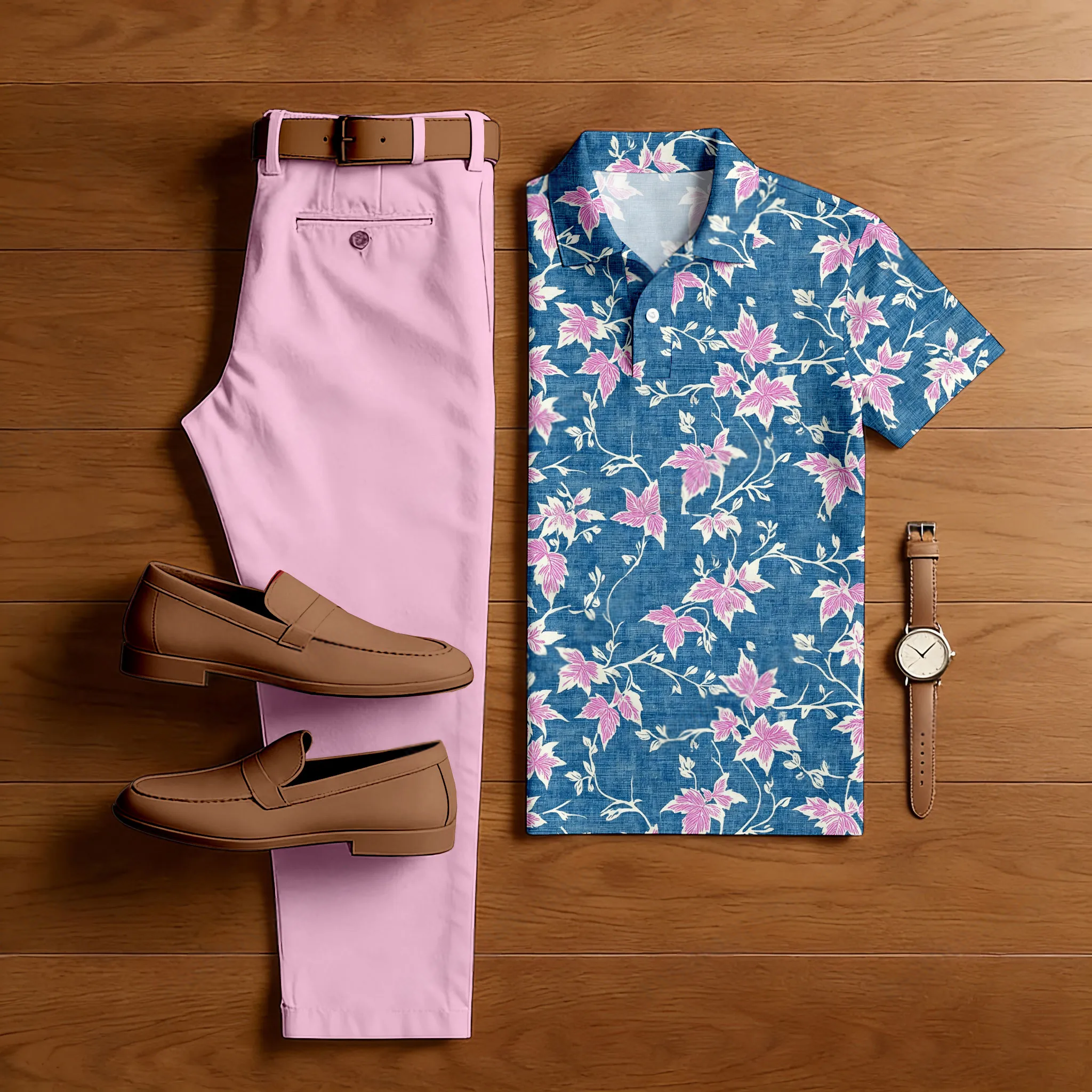 Conjunto de dos piezas casual Blue & Pink Maple Leaves estampado camisa polo And pantalón para hombre
