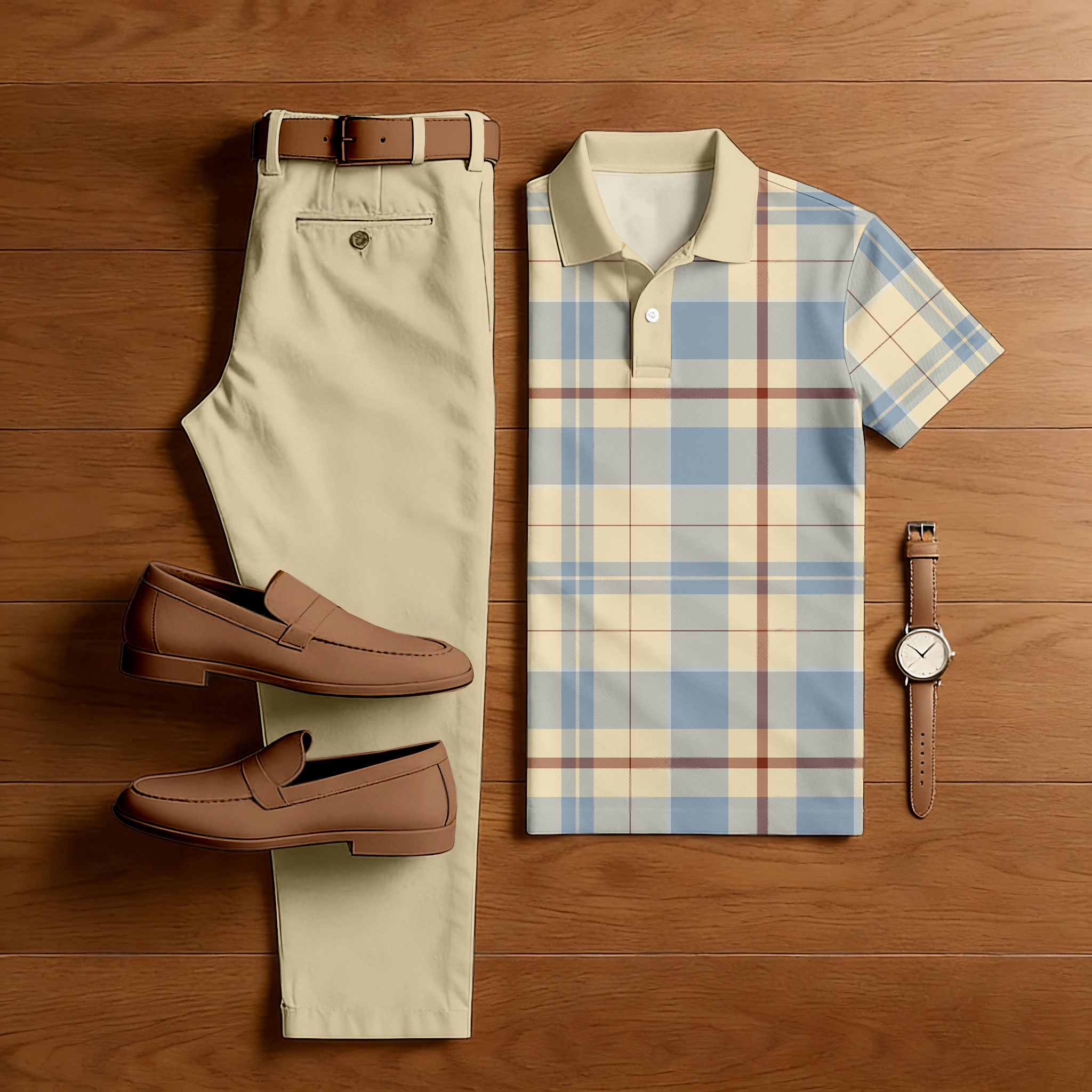 Conjunto de dos piezas casual Blue & Yellow Khaki Color Matching Checkered estampado de manga corta camisa polo & Trousers para hombre