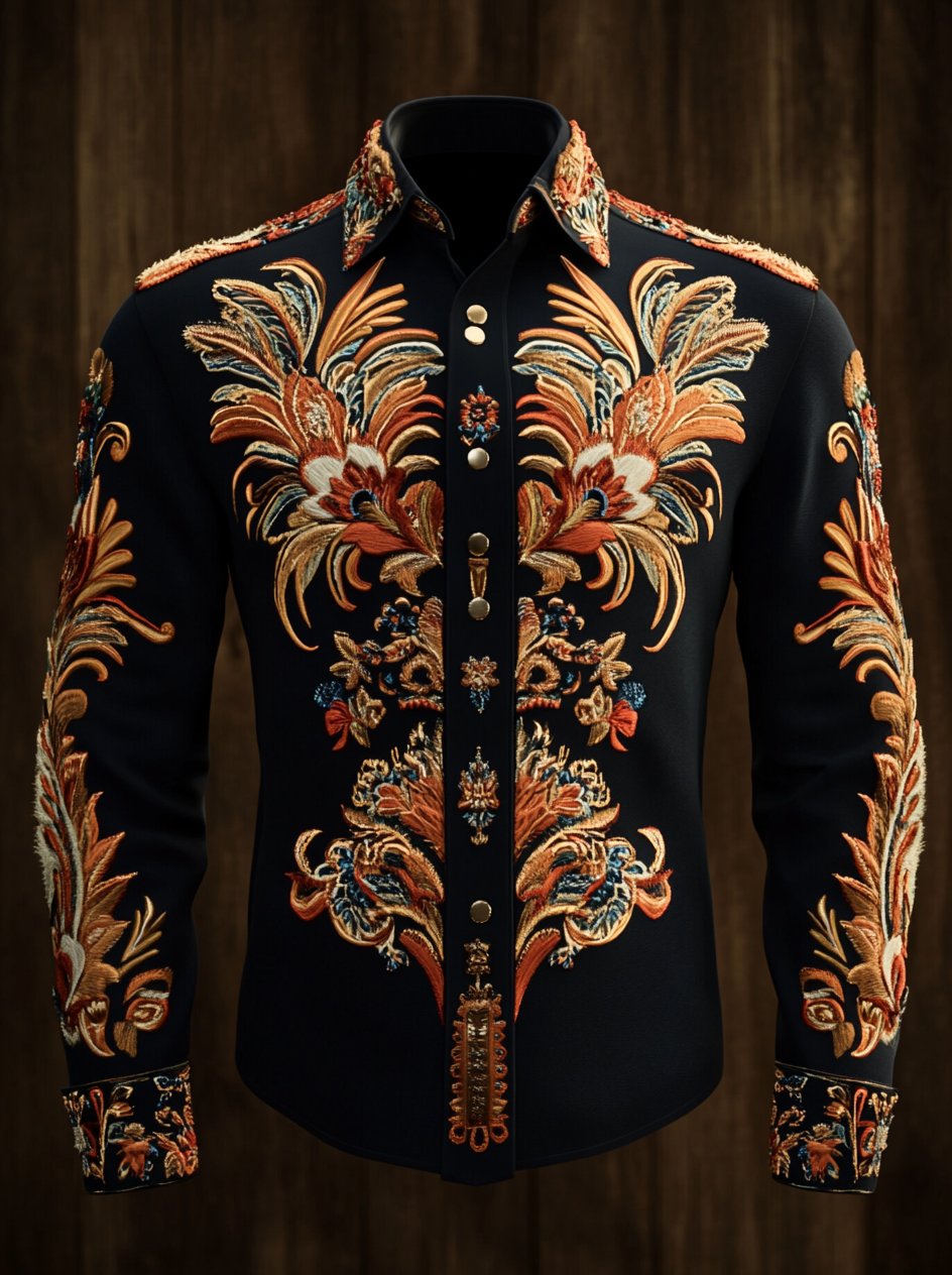 Camisa Western vintage Indian Totem estampado de manga larga para hombre