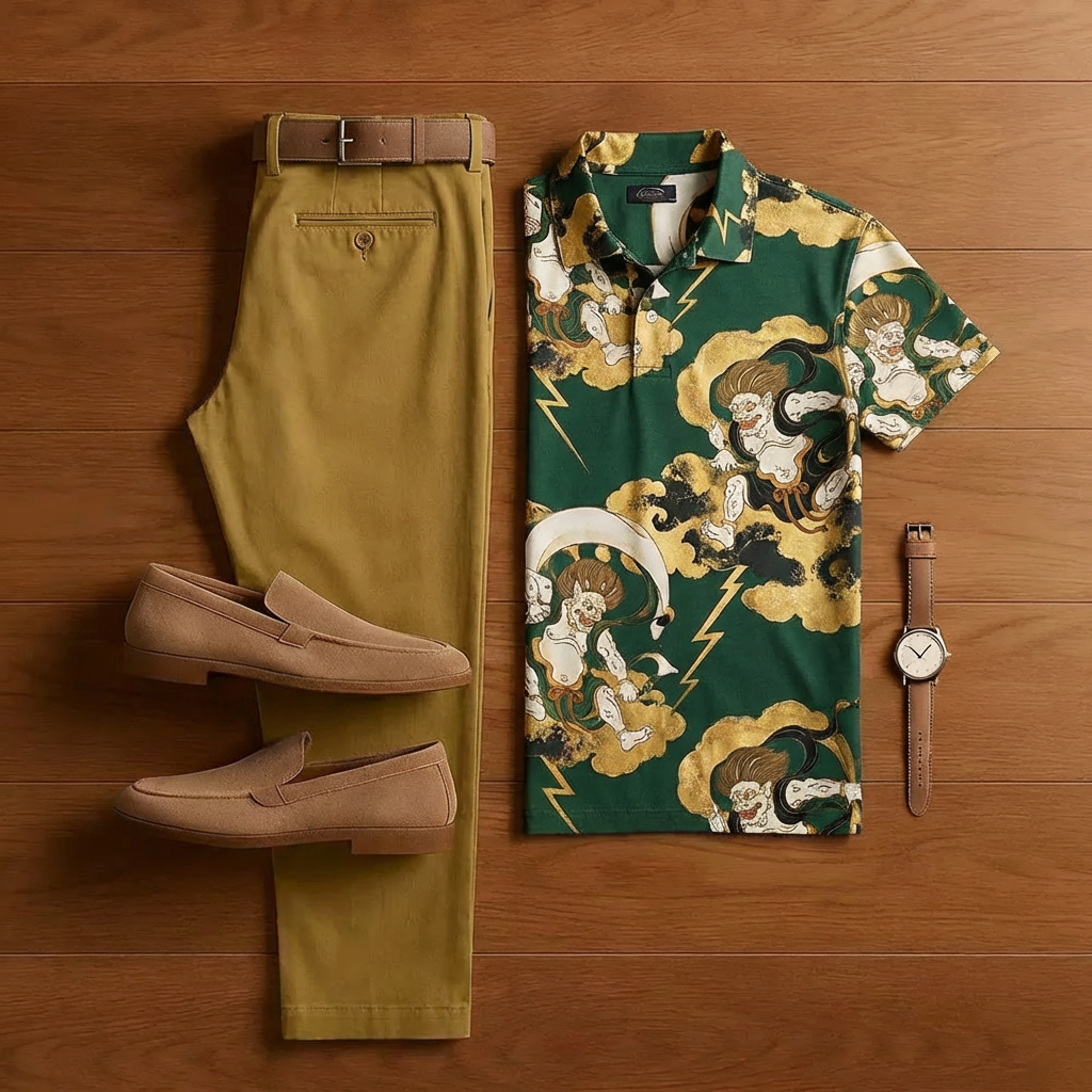 Conjunto de dos piezas retro Dark Green estampado de manga corta camisa And Trousers para hombre