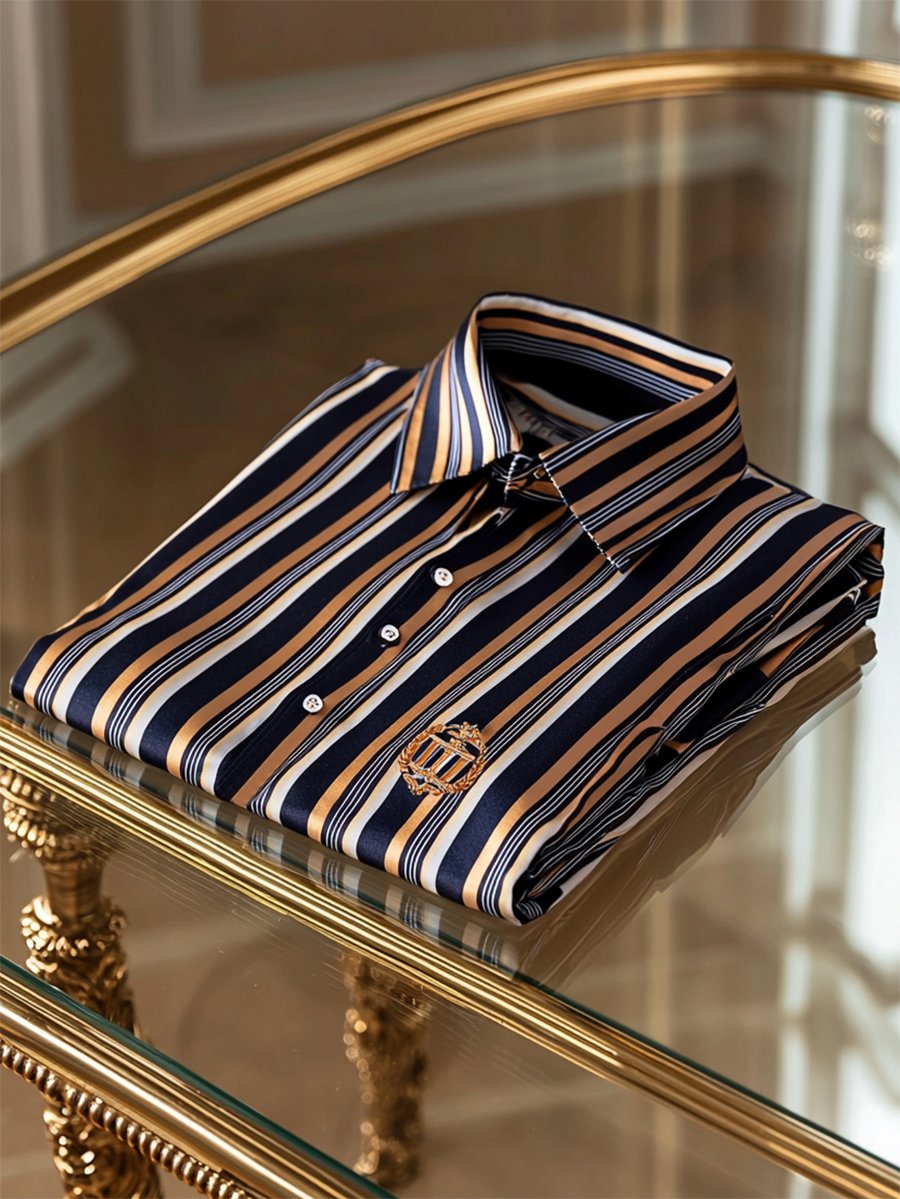 Camisa satén Luxe rayas Logo de manga larga Button para hombre