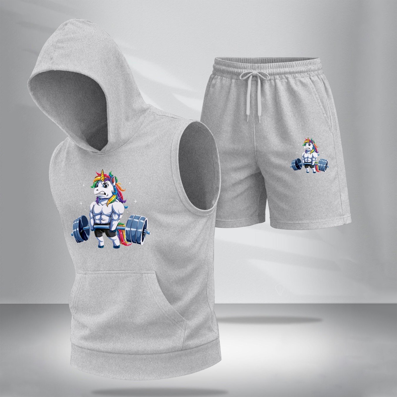 Sudadera con capucha Sleeveless & shorts Set – Muscle Unicorn estampado, casual Summer Two-Piece Outfit, Regular Fit Athletic Streetwear, TikTok Trending Gym de moda, Lightweight Summer Activewear para hombre