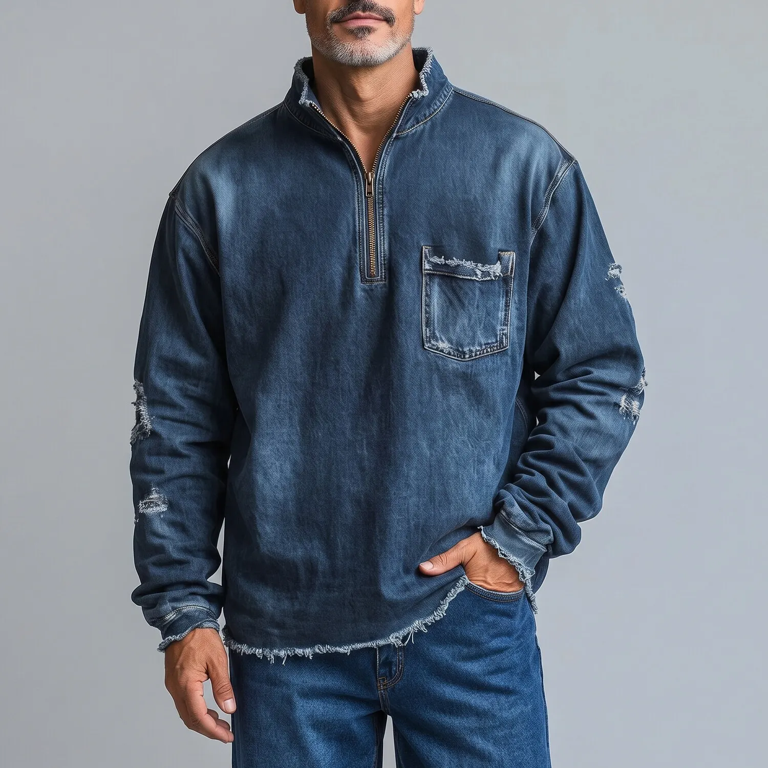 para hombre vintage Stand Collar Half Zip Chest Pocket Frayed Hem de manga larga Pullover Denim Sweacamiseta