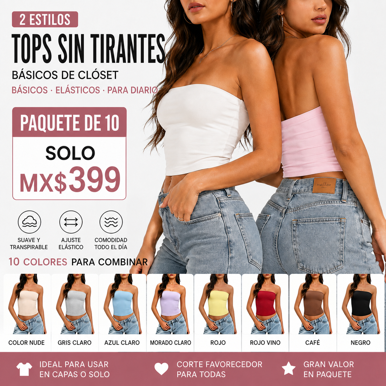 Top sin tirantes de doble tela para mujer · vista 1