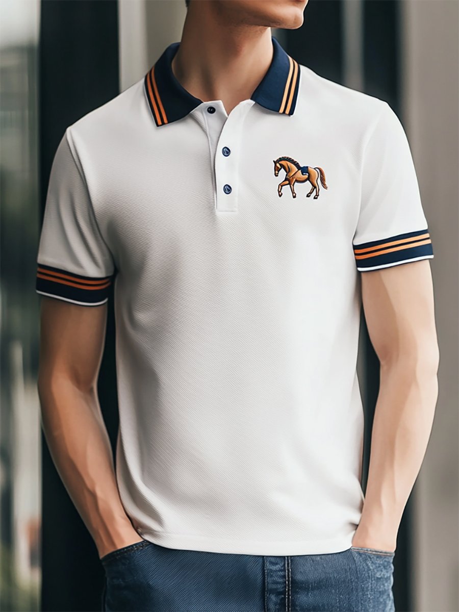 Camisa polo ejecutivo rayas Logo con botones de manga corta para hombre