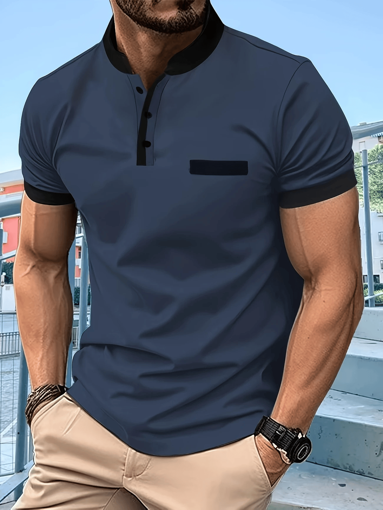 Camiseta casual de manga corta Henley para hombre