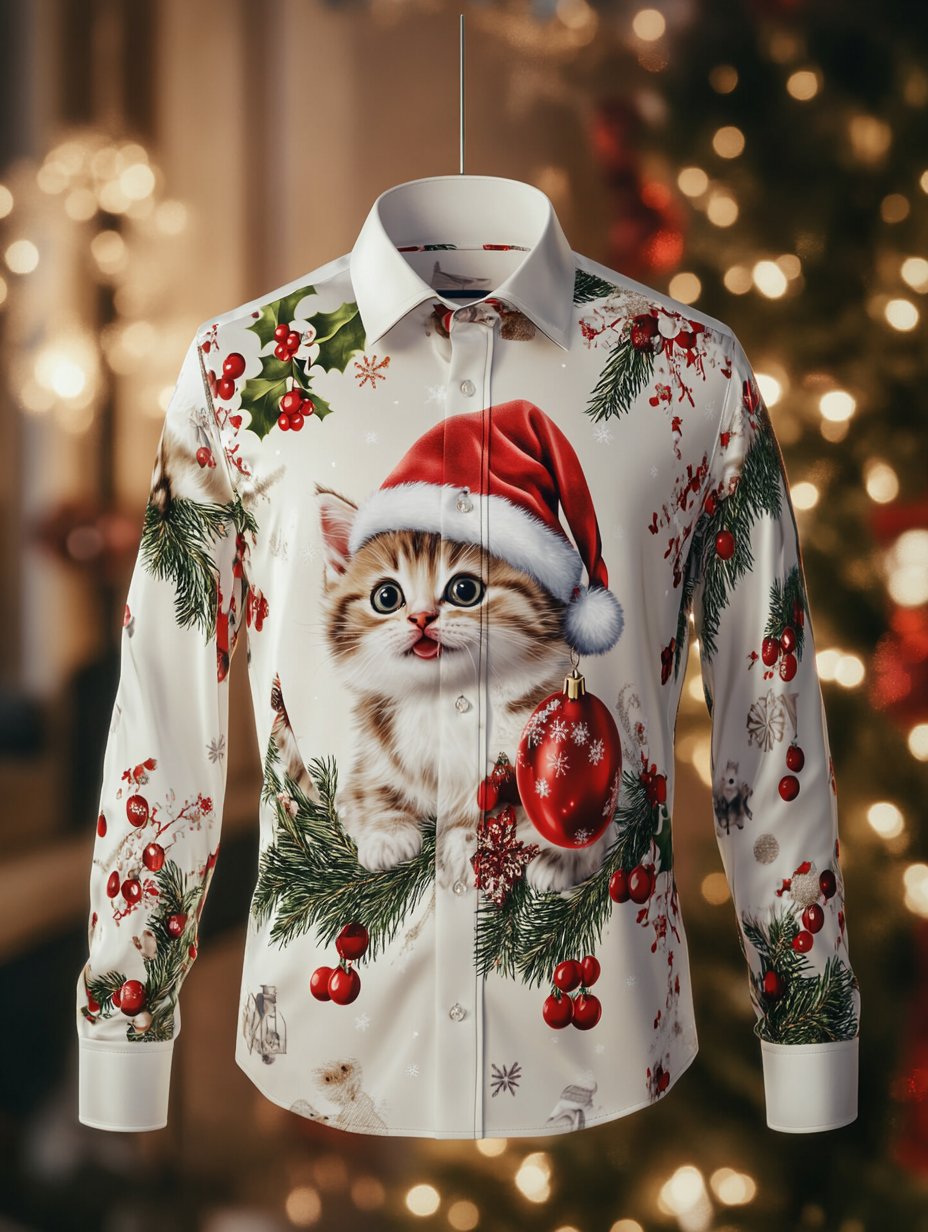 Camisa New Year Christmas estampado de manga larga para hombre