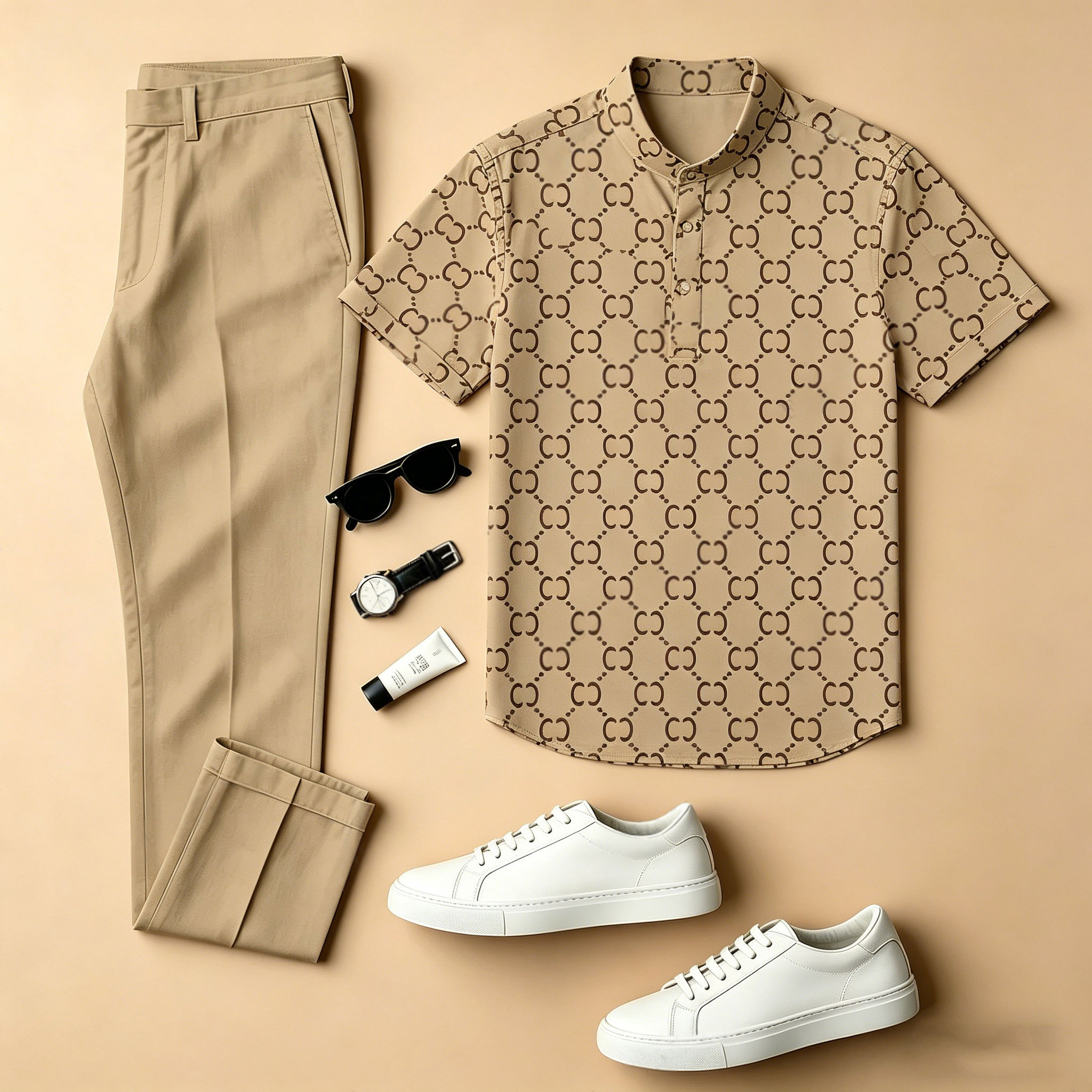 Conjunto de dos piezas casual Khaki a cuadros Color-Blocked estampado Crew Neck de manga corta camisa And Trousers para hombre