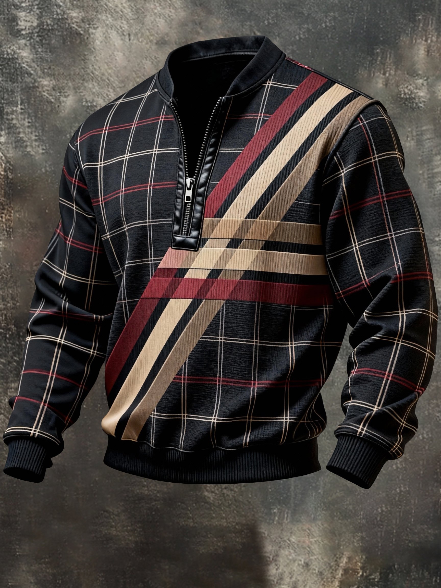 Sudadera casual retro Contrast Color Half Zip Stand cuello de manga larga para hombre