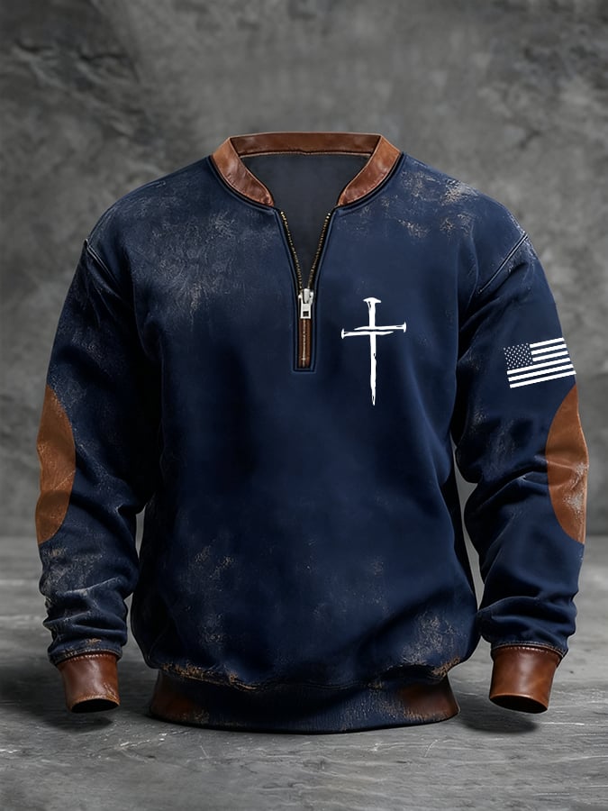 Sudadera retro Faith Cross estampado cierre Stand cuello de manga larga para hombre