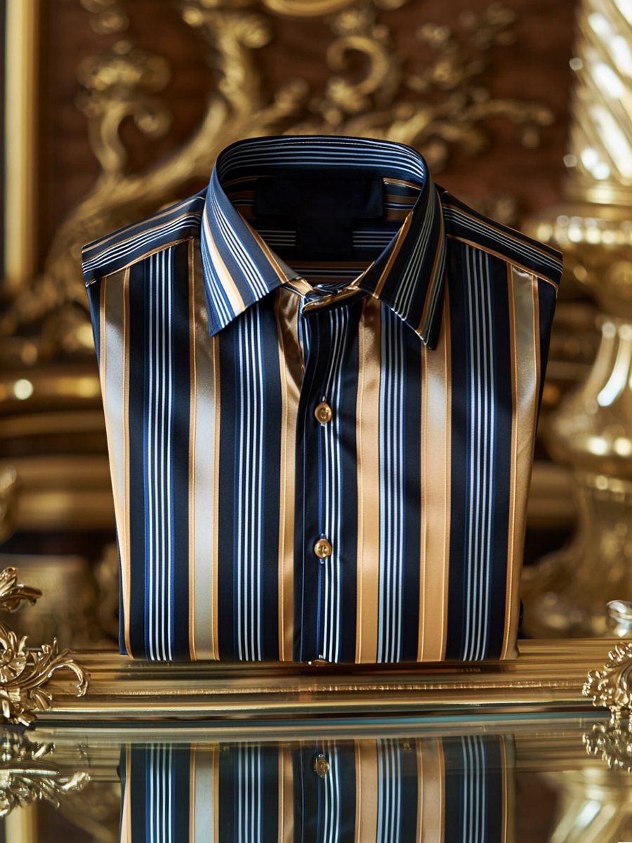 Camisa satén de lujo ejecutivo Charlie Sheen a rayas de manga larga para hombre