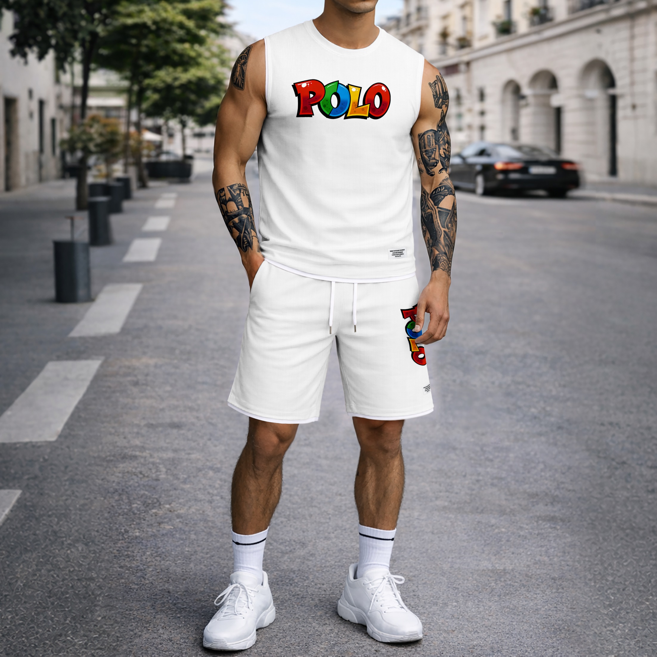 Shorts Graffiti Letter estampado Summer Set Sleeveless Tank Top & Matching Outfit, Lightweight casual Streetwear Athletic Set for Everyday & Holiday para hombre