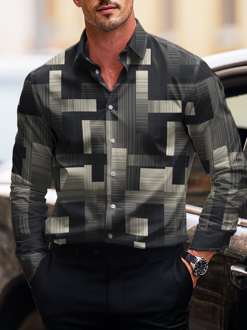 Camisa ejecutivo casual Art Button de manga corta de manga larga para hombre