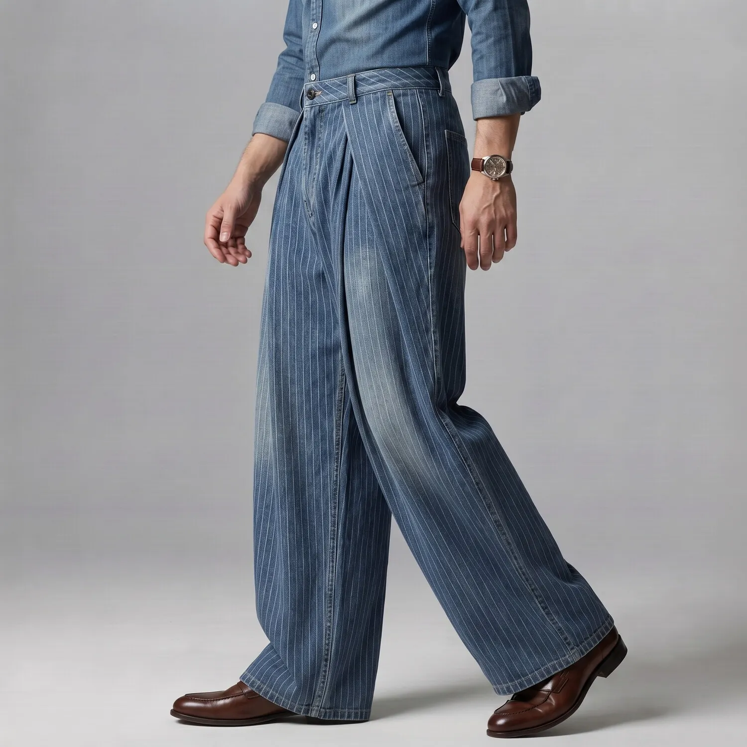 para hombre Pinstripe Pattern Slant Pocket Pleated Wide Leg Denim pantalón