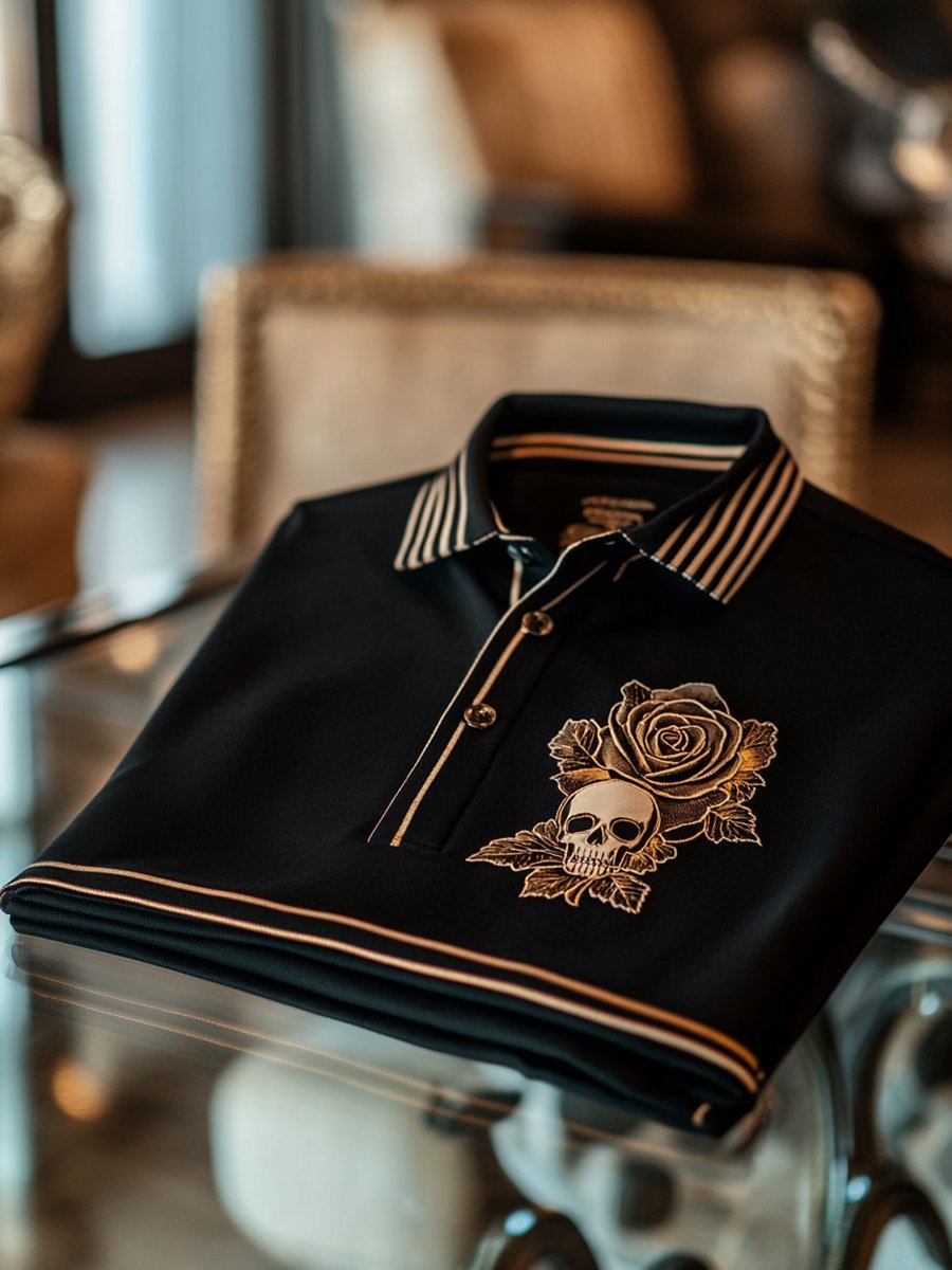 Camisa polo ejecutivo casual Black Skull Rose Logo Button de manga corta para hombre