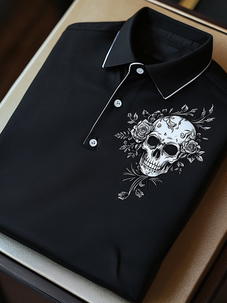 Camisa polo ejecutivo casual Skull estampado Button de manga corta para hombre