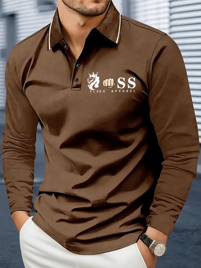 Camisa polo retro Letter Design ejecutivo de manga larga para hombre