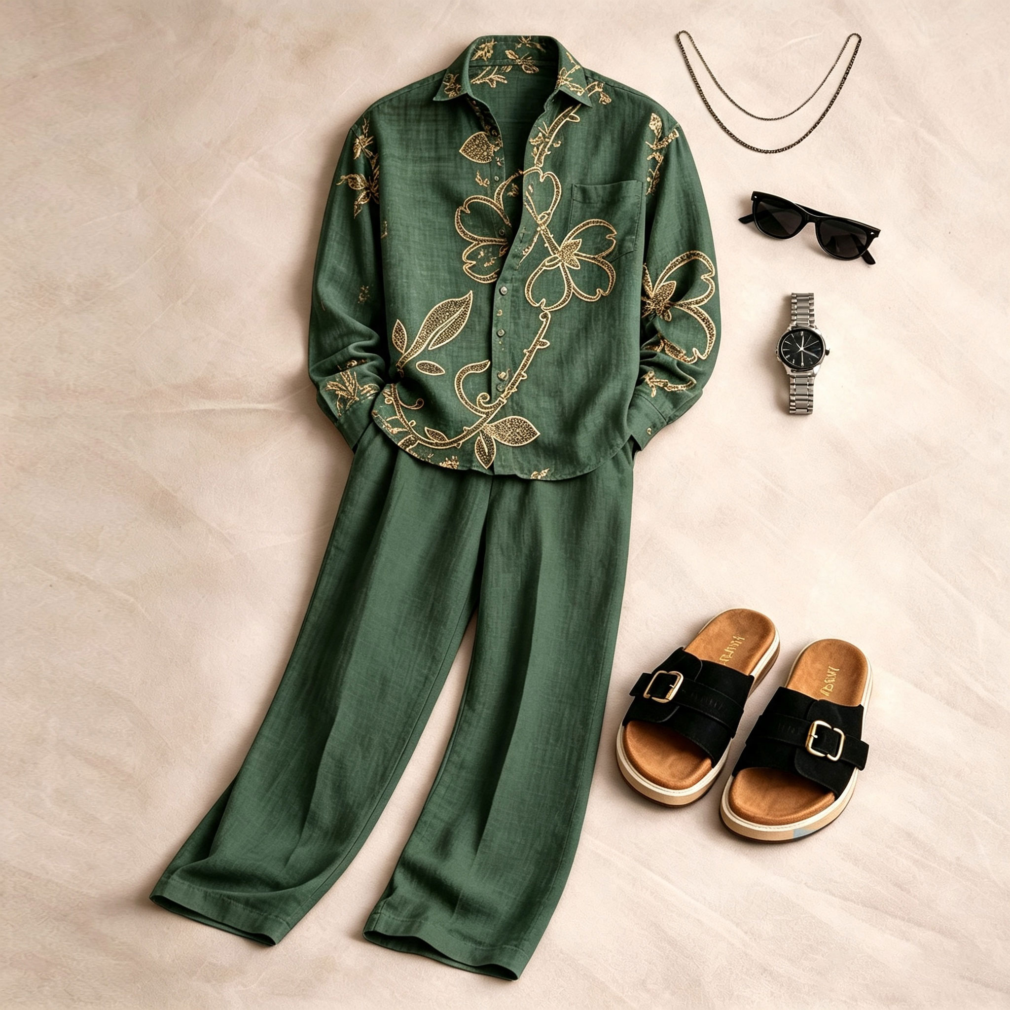 para hombre Green de manga larga camisa and pantalón Set