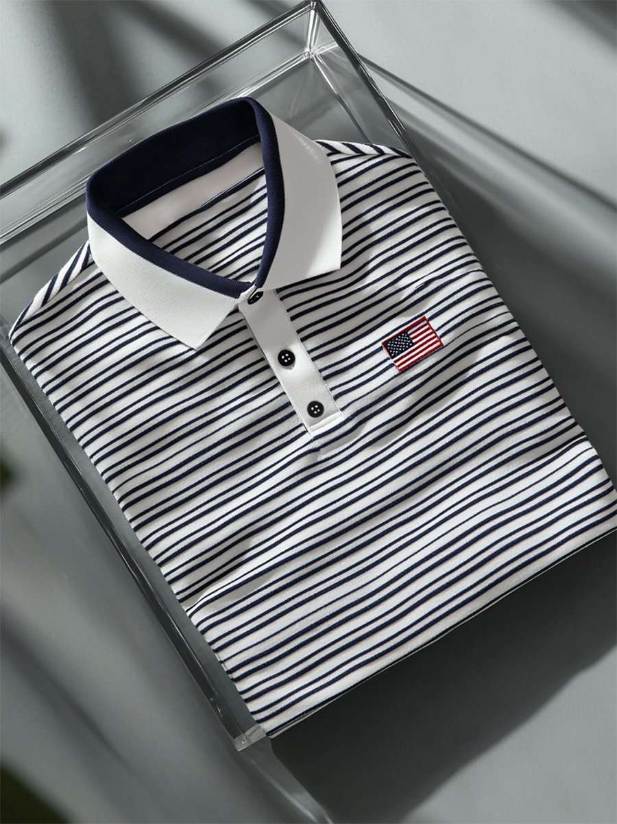 Camisa polo ejecutivo casual a rayas Independence Day Button de manga corta para hombre