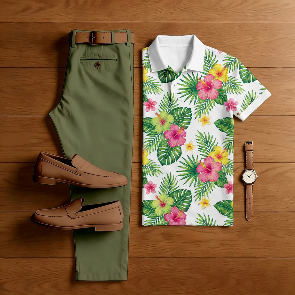 Conjunto de dos piezas casual Green floral Pattern de manga corta camisa polo And Trousers para hombre