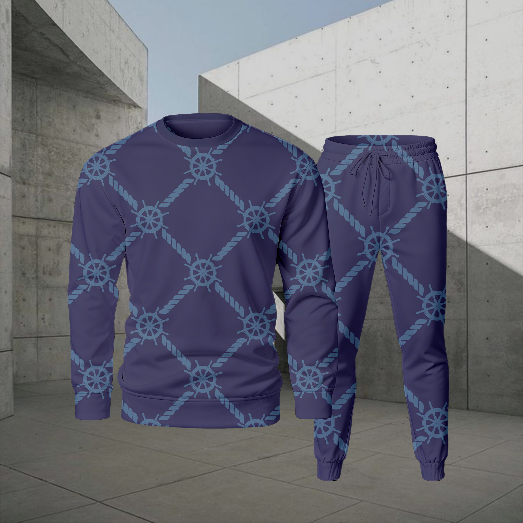 Conjunto de dos piezas casual Color Matching estampado Round-Neck de manga larga sudaderas Trousers para hombre