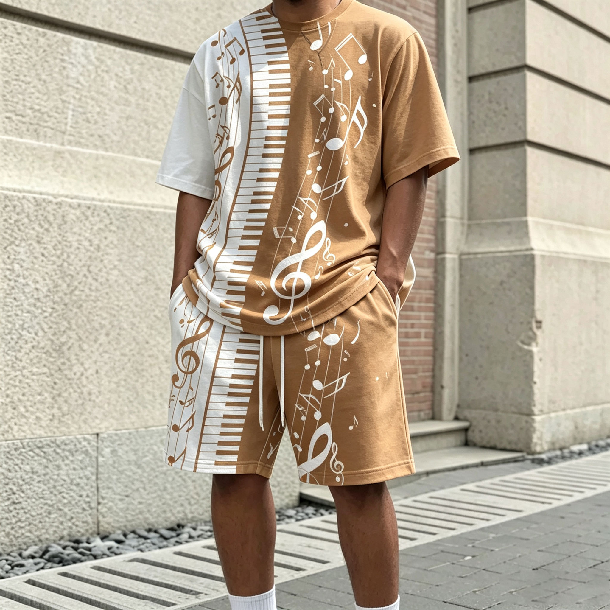 Conjunto de dos piezas casual Music Note estampado Round-Neck de manga corta camiseta and shorts para hombre