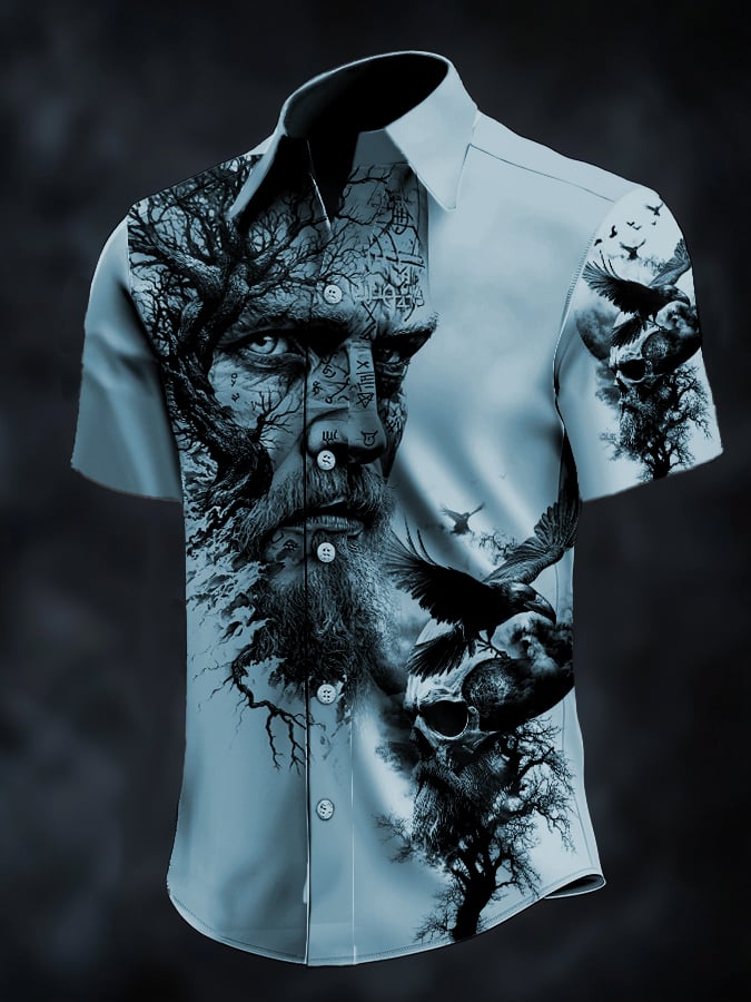 Camisa casual vintage Viking portrait satén para hombre