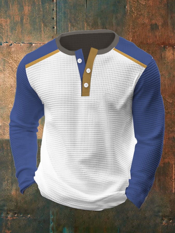 Camiseta vintage Waffle Color Patch Henley Neck para hombre