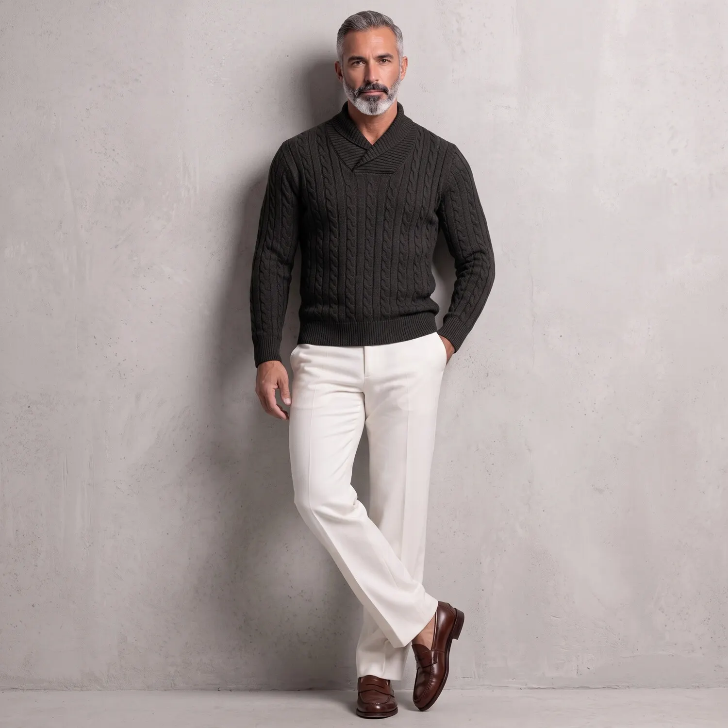 para hombre de color sólido Cable tejido Shawl Collar de corte entallado Pullover Sweater