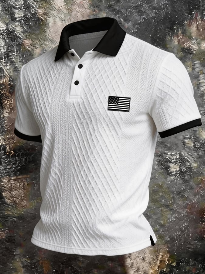 Retro Textured Color-Blocked Polo Collar de manga cortas para hombre