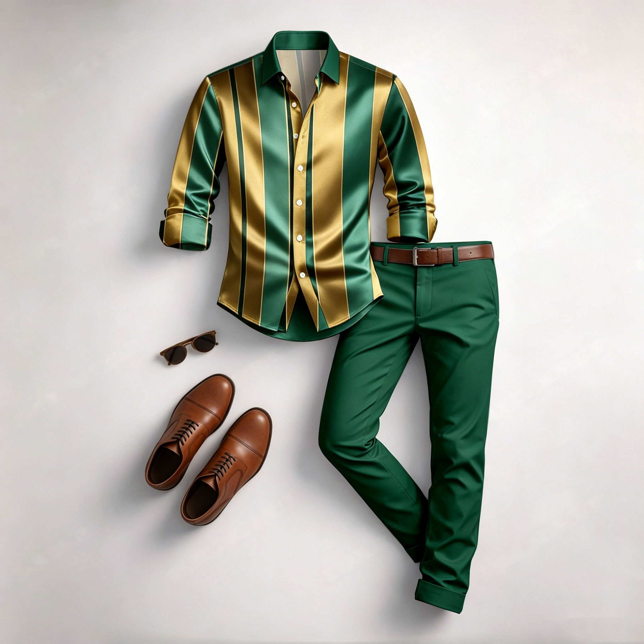 Conjunto de dos piezas casual Dark Green & Yellow Color Matching Geometric estampado de manga larga camisa & Trousers para hombre