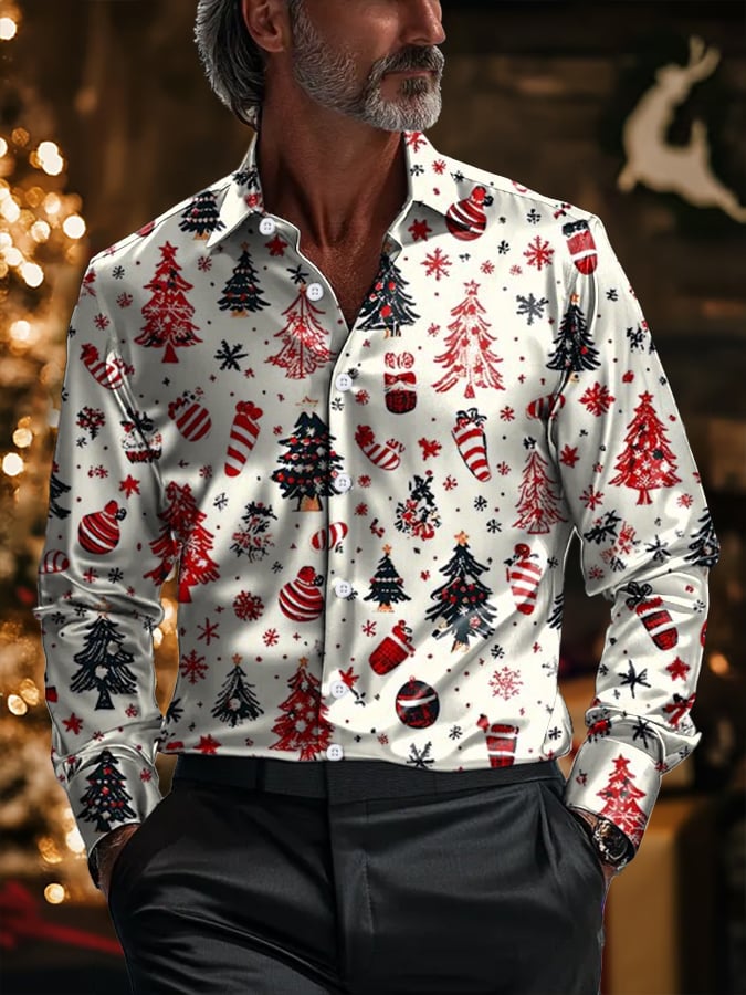 Camisa de lujo Christmas Contrast Color estampado de manga larga para hombre