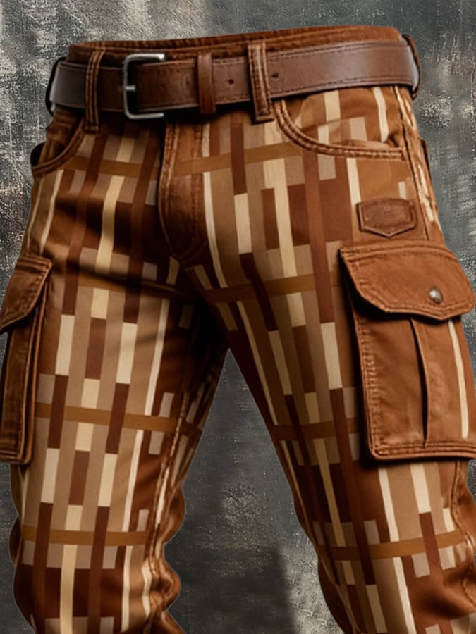 Pantalón retro en bloques de color desgastado bolsillo Cargo para hombre