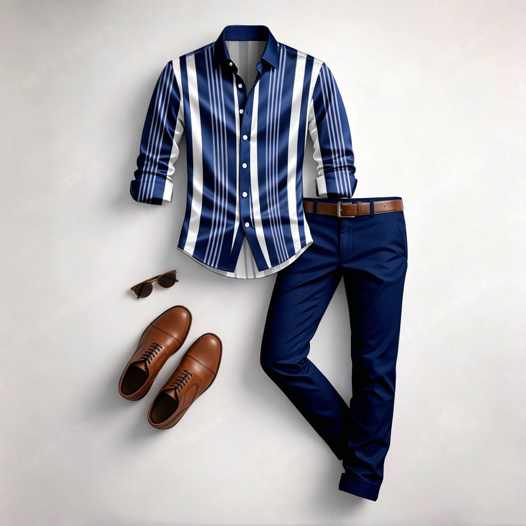 Conjunto de dos piezas casual Navy Blue rayas Color Matching Geometric estampado de manga larga camisa & Trousers para hombre