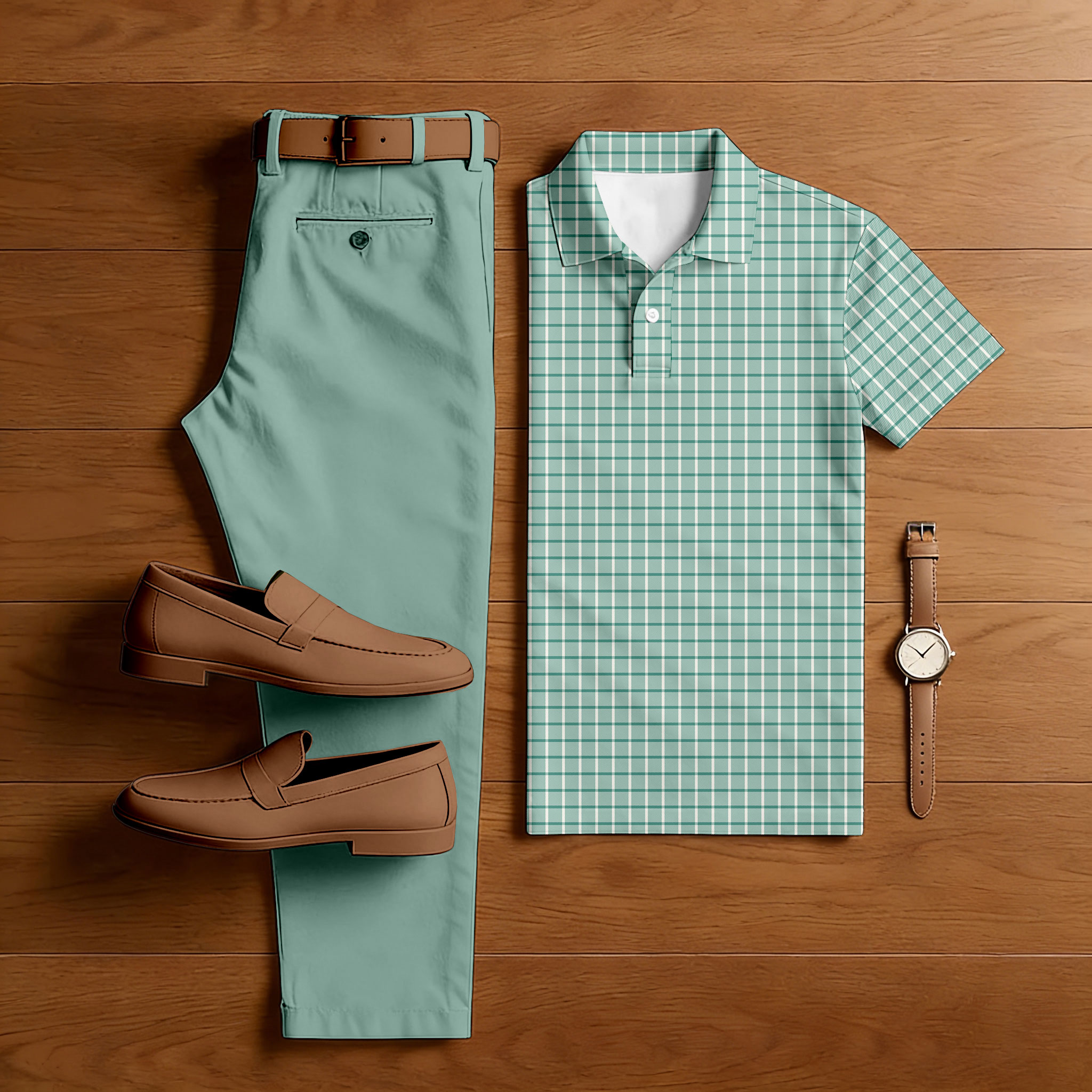 Conjunto de dos piezas casual Green & White Color Matching Checkered estampado de manga corta camisa polo & Trousers para hombre