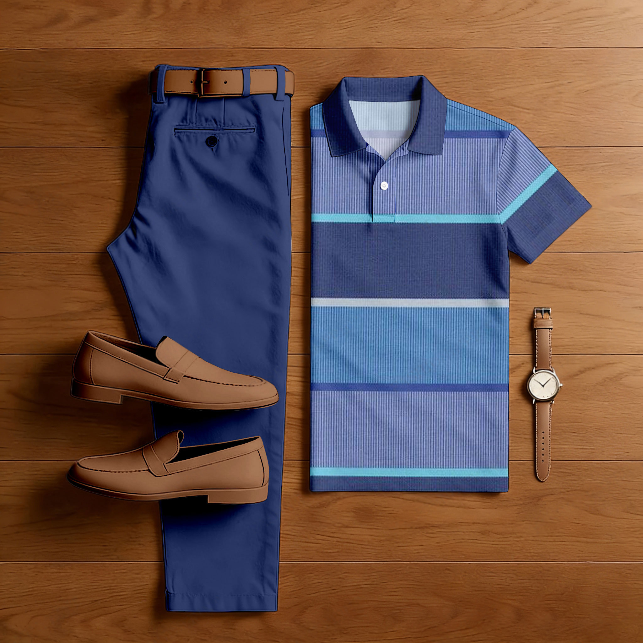 Conjunto de dos piezas casual Multi Purple Color Matching a rayas estampado de manga corta camisa polo & Trousers para hombre