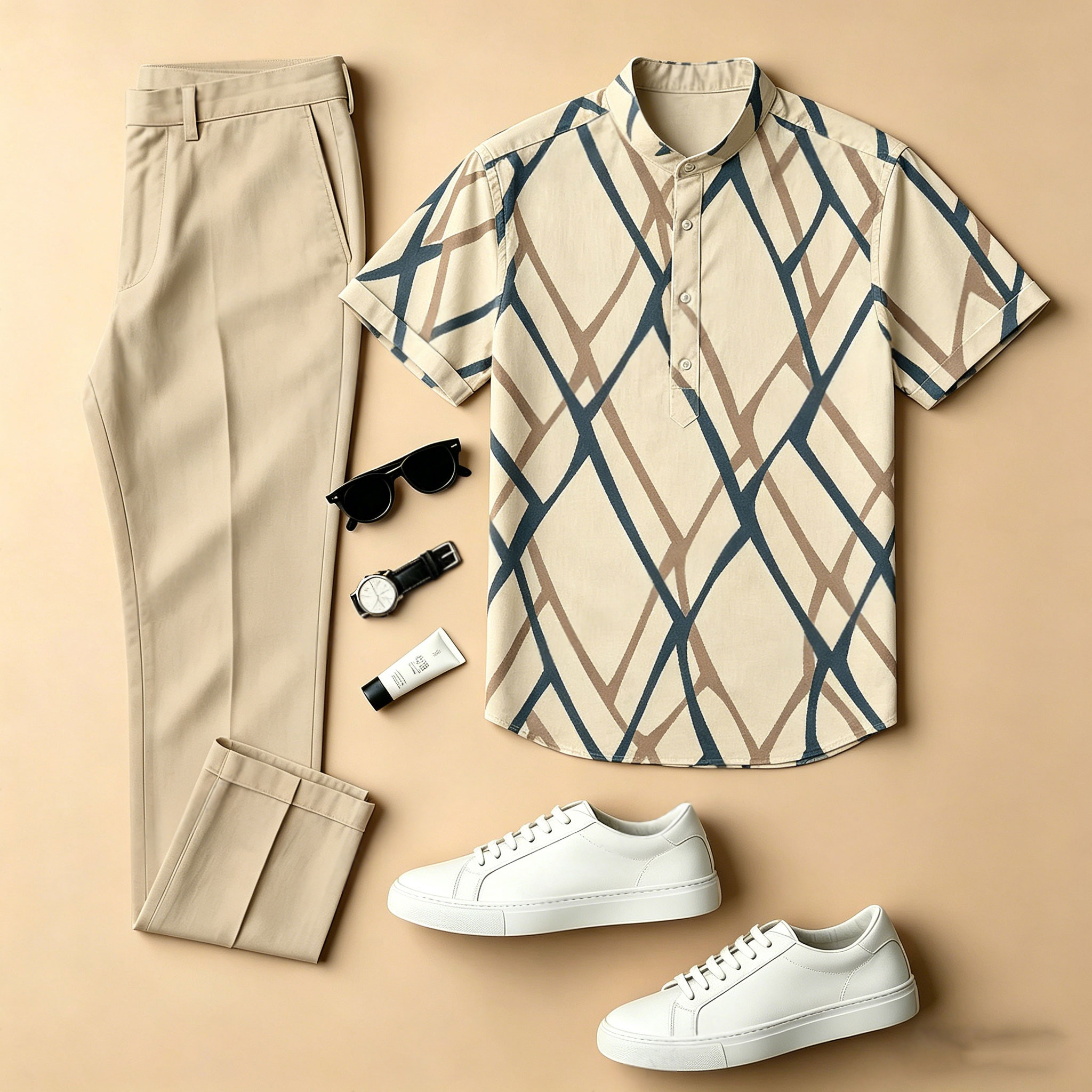 Conjunto de dos piezas casual Apricot Pattern Color-Blocked estampado Crew Neck de manga corta camisa And Trousers para hombre
