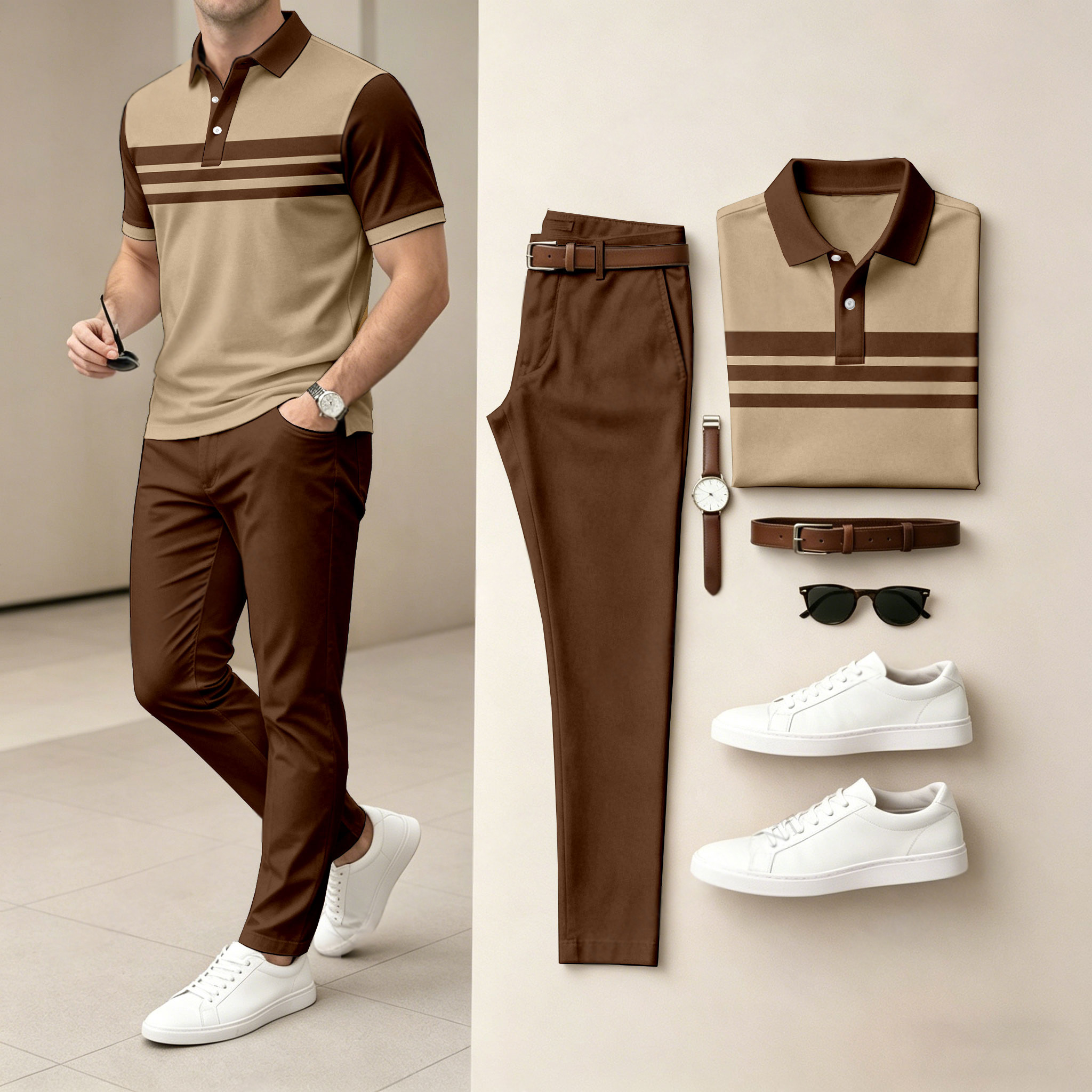 Conjunto de dos piezas Light And Mature Style, Simple Color Matching de manga corta camisa polo & pantalón para hombre