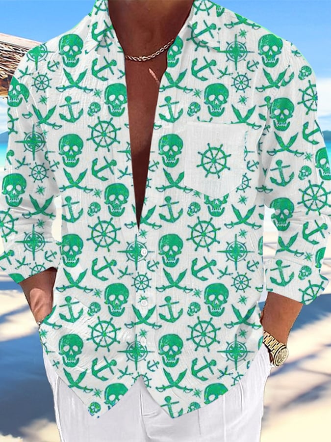 Camisa Nautical Design estampado Lapel Pocket casual para hombre