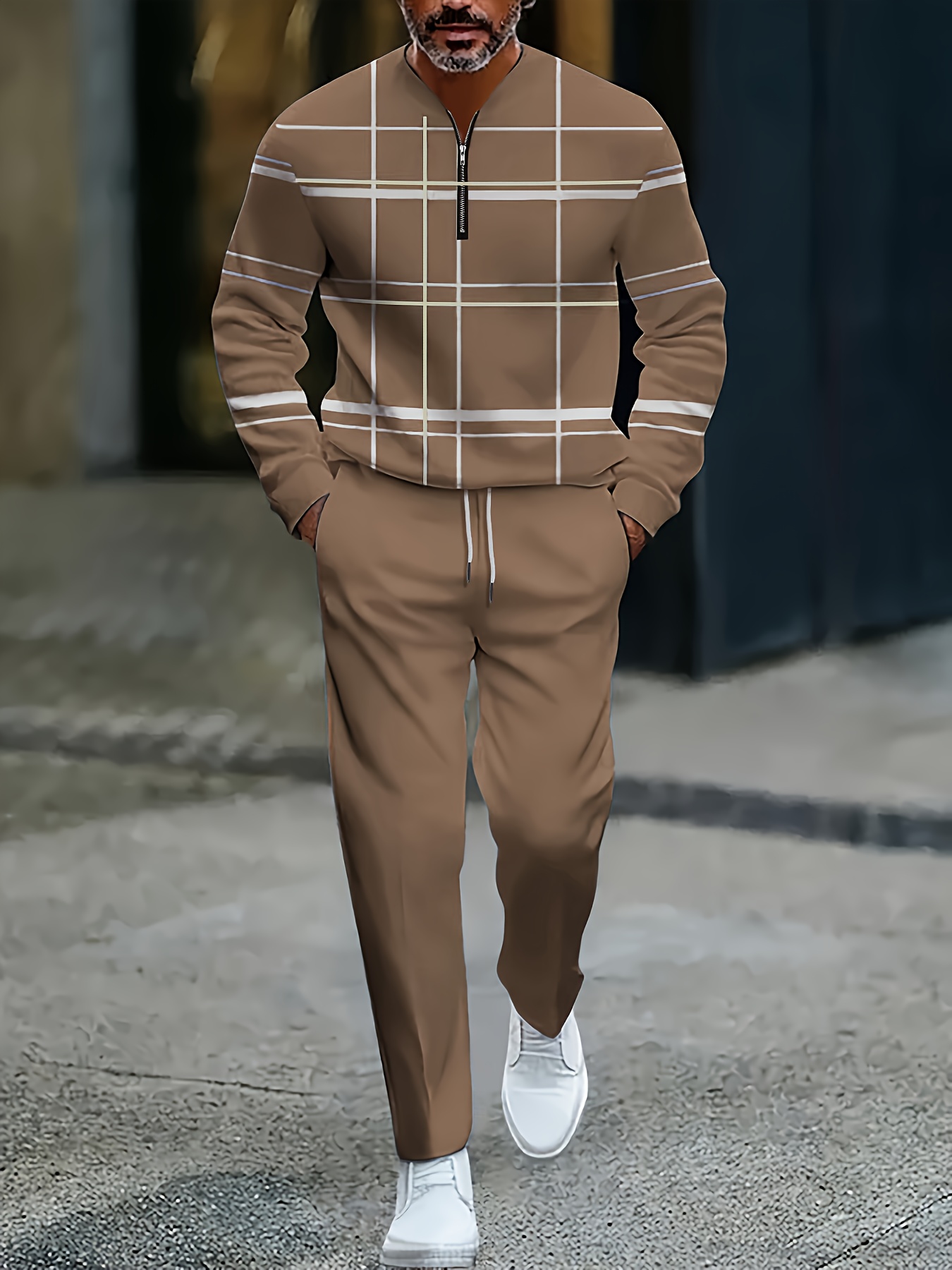 Conjunto de dos piezas casual Brown & White Color Matching geométrico estampado Round-Neck cierre de manga larga Tops & Trousers para hombre