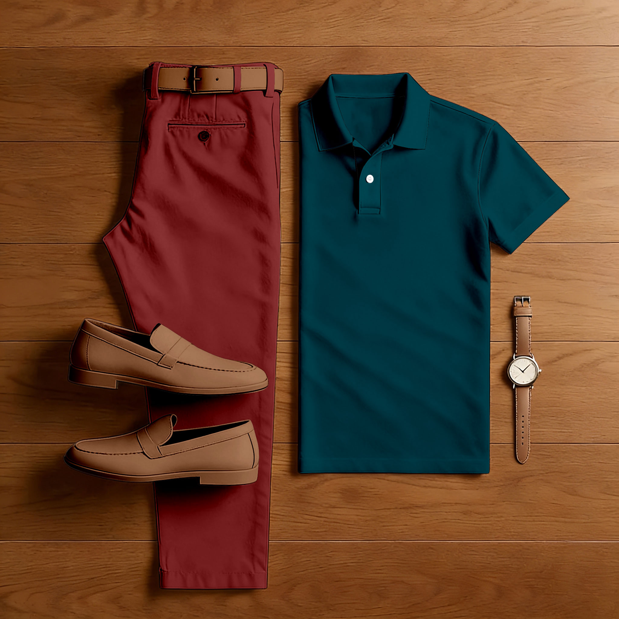Conjunto de dos piezas casual Red Brown & Green Contrast Color de manga corta camisa polo & Trousers para hombre