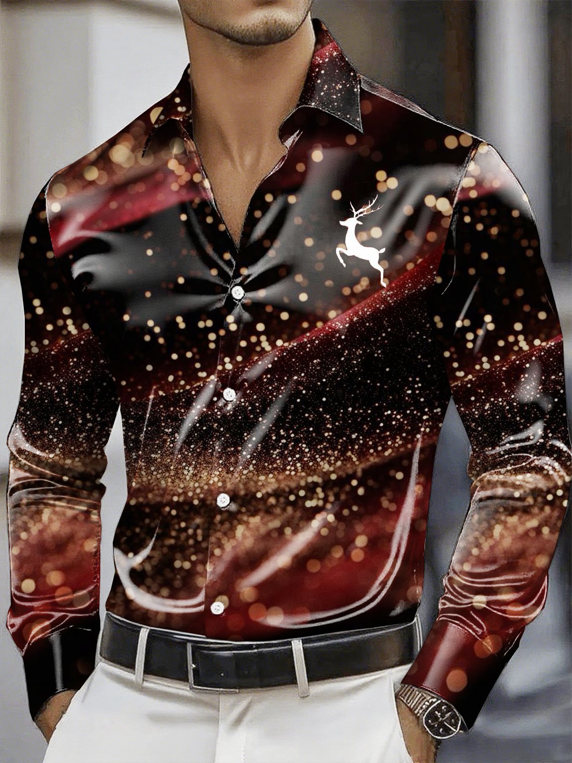 Camisa Christmas satén Luxe de manga larga con botones para hombre