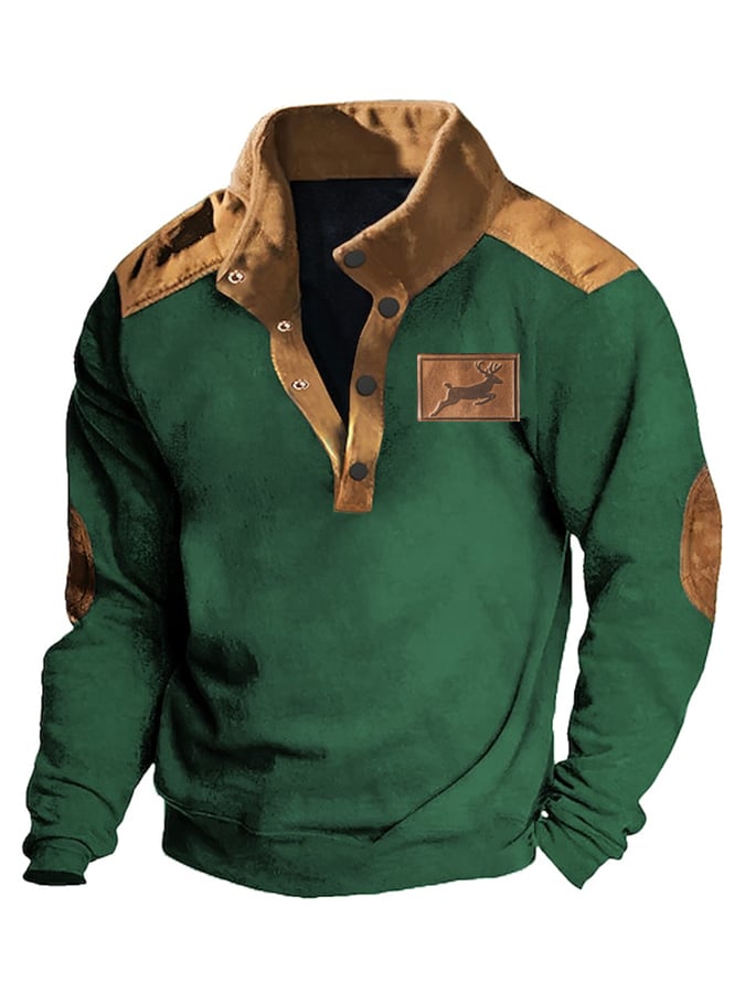 Sudadera Western Style Elk estampado Deerskin terciopelo Patchpara trabajo Stand-cuello para hombre